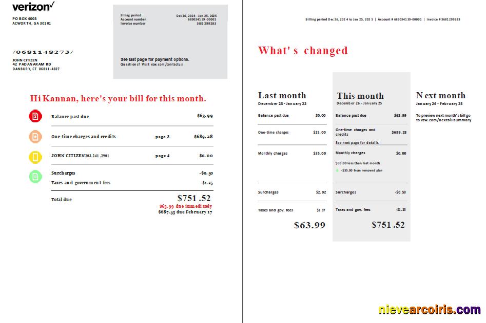 USA Verizon utility bill, 2 pages